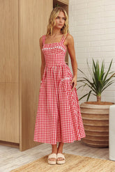 Elderflower Front Pocket Maxi Dress Gingham Red